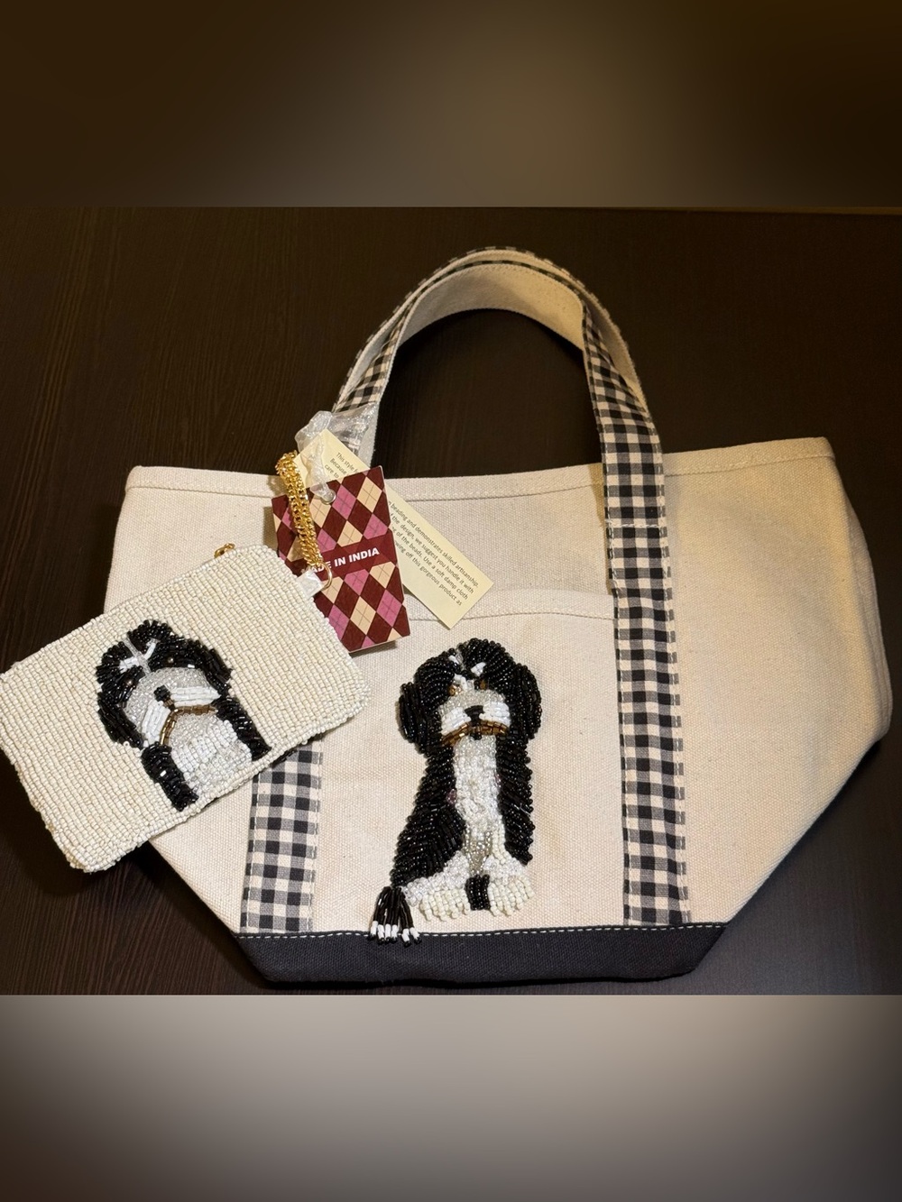 Made in India Canvas Beaded Bernedoodle tote Cream & Black. NWT. TikTok famous